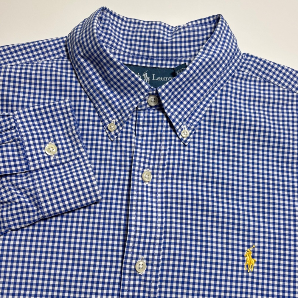 Ralph Lauren Classic Fit Gingham Check Mens L Blue White Button Down Pony Shirt